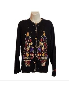 Victoria Jones Black Gold Fruit Tree Cardigan Sweater Large